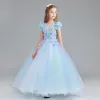 Chic / Beautiful Pool Blue Sky Blue Flower Girl Dresses 2017 Ball Gown V-Neck Short Sleeve Flower Appliques Lace Floor-Length / Long Ruffle Wedding Party Dresses