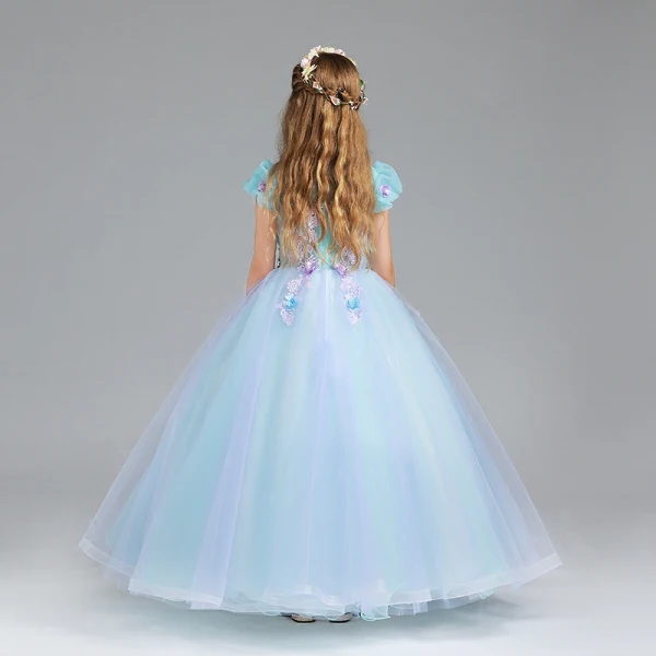 Chic / Beautiful Pool Blue Sky Blue Flower Girl Dresses 2017 Ball Gown V-Neck Short Sleeve Flower Appliques Lace Floor-Length / Long Ruffle Wedding Party Dresses