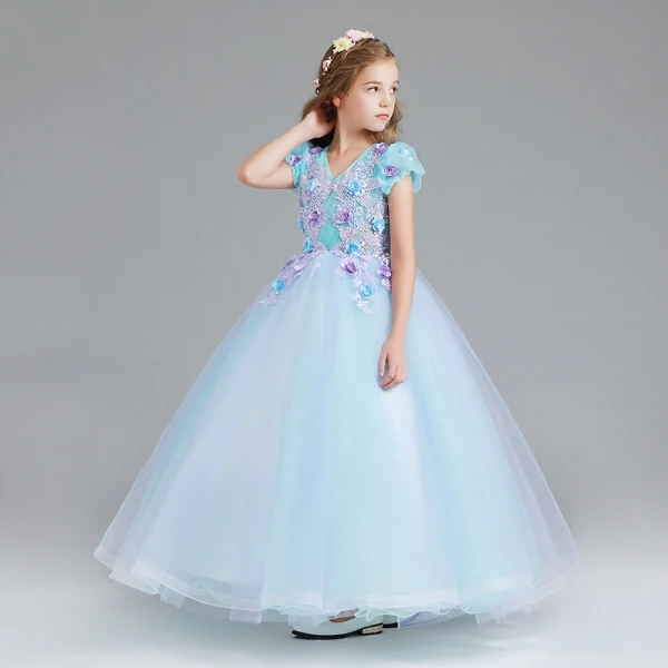 Chic / Beautiful Pool Blue Sky Blue Flower Girl Dresses 2017 Ball Gown V-Neck Short Sleeve Flower Appliques Lace Floor-Length / Long Ruffle Wedding Party Dresses