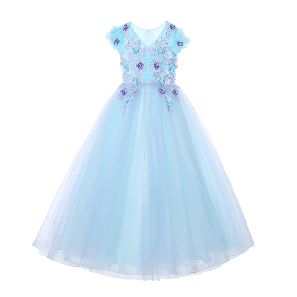 Chic / Beautiful Pool Blue Sky Blue Flower Girl Dresses 2017 Ball Gown V-Neck Short Sleeve Flower Appliques Lace Floor-Length / Long Ruffle Wedding Party Dresses
