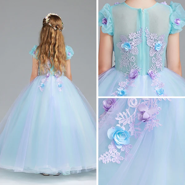 Chic / Beautiful Pool Blue Sky Blue Flower Girl Dresses 2017 Ball Gown V-Neck Short Sleeve Flower Appliques Lace Floor-Length / Long Ruffle Wedding Party Dresses