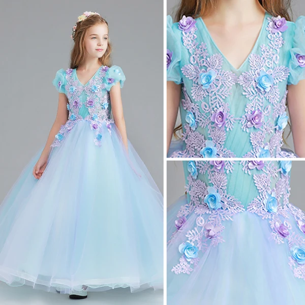 Chic / Beautiful Pool Blue Sky Blue Flower Girl Dresses 2017 Ball Gown V-Neck Short Sleeve Flower Appliques Lace Floor-Length / Long Ruffle Wedding Party Dresses