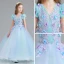 Chic / Beautiful Pool Blue Sky Blue Flower Girl Dresses 2017 Ball Gown V-Neck Short Sleeve Flower Appliques Lace Floor-Length / Long Ruffle Wedding Party Dresses
