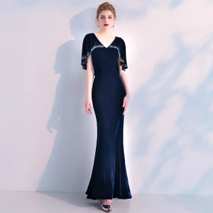 Elegant Mørk Marineblå Suede Selskapskjoler Med Sjal 2019 Trompet Havfrue V Hals Rhinestone Ankel Lengde Buste Formelle Kjoler