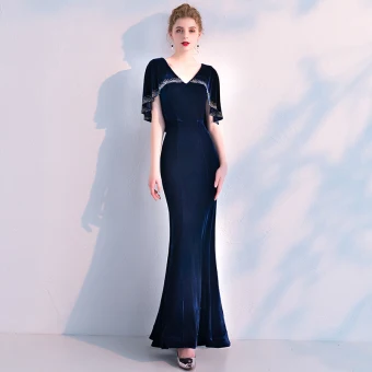 Elegant Navy Blue Suede Evening Dresses With Shawl 2019 Trumpet Mermaid V Neck Rhinestone Ankle Length Ruffle Formal Dresses