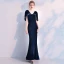 Elegant Navy Blue Suede Evening Dresses  With Shawl 2019 Trumpet / Mermaid V-Neck Rhinestone Ankle Length Ruffle Formal Dresses