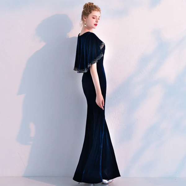 Elegant Navy Blue Suede Evening Dresses With Shawl 2019 Trumpet / Mermaid V-Neck Rhinestone Ankle Length Ruffle Formal Dresses