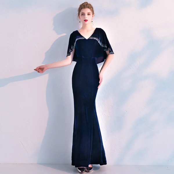 Elegant Navy Blue Suede Evening Dresses With Shawl 2019 Trumpet / Mermaid V-Neck Rhinestone Ankle Length Ruffle Formal Dresses