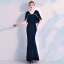 Elegant Navy Blue Suede Evening Dresses  With Shawl 2019 Trumpet / Mermaid V-Neck Rhinestone Ankle Length Ruffle Formal Dresses