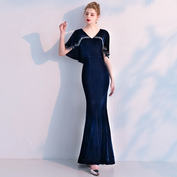 Elegant Navy Blue Suede Evening Dresses With Shawl 2019 Trumpet / Mermaid V-Neck Rhinestone Ankle Length Ruffle Formal Dresses