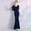 Elegant Navy Blue Suede Evening Dresses  With Shawl 2019 Trumpet / Mermaid V-Neck Rhinestone Ankle Length Ruffle Formal Dresses