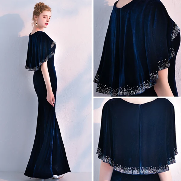 Elegant Navy Blue Suede Evening Dresses With Shawl 2019 Trumpet / Mermaid V-Neck Rhinestone Ankle Length Ruffle Formal Dresses