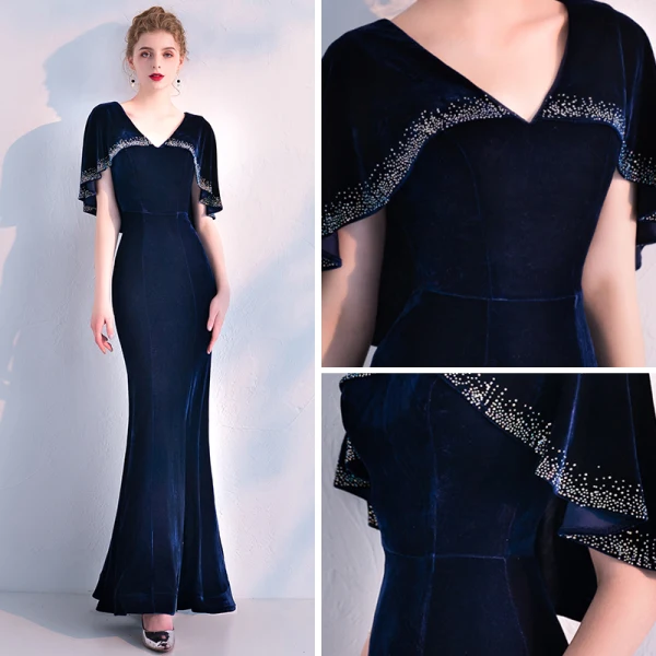 Elegant Navy Blue Suede Evening Dresses With Shawl 2019 Trumpet / Mermaid V-Neck Rhinestone Ankle Length Ruffle Formal Dresses