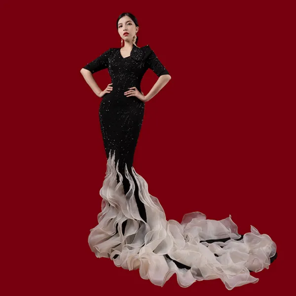 Luxury / Gorgeous Black Red Carpet Evening Dresses  2021 Trumpet / Mermaid V-Neck 1/2 Sleeves Beading Rhinestone Court Train Ruffle Formal Dresses