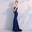 Élégant Bleu Marine Robe De Soirée 2019 Trompette / Sirène Encolure Dégagée Sans Manches Fait main Perlage Longue Volants Dos Nu Robe De Ceremonie