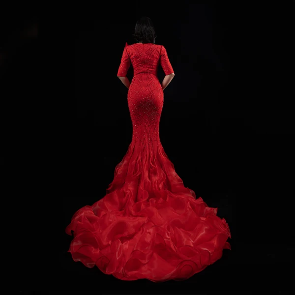 Luxury / Gorgeous Black Red Carpet Evening Dresses 2021 Trumpet / Mermaid V-Neck 1/2 Sleeves Beading Rhinestone Court Train Ruffle Formal Dresses