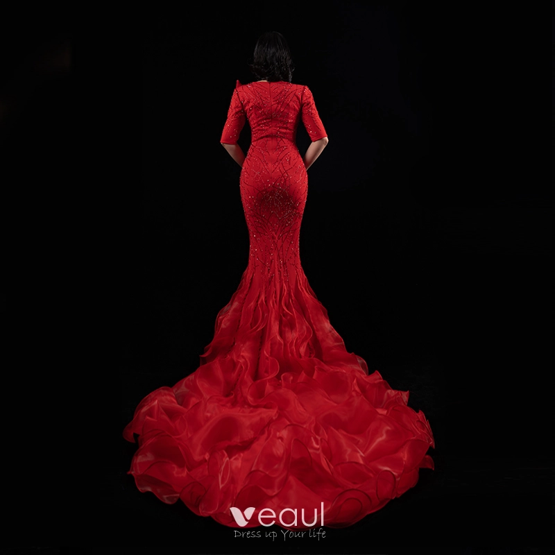 Luxury / Gorgeous Black Red Carpet Evening Dresses 2021 Trumpet / Mermaid  V-Neck 1/2 Sleeves Beading Rhinestone Court Train Ruffle Formal Dresses