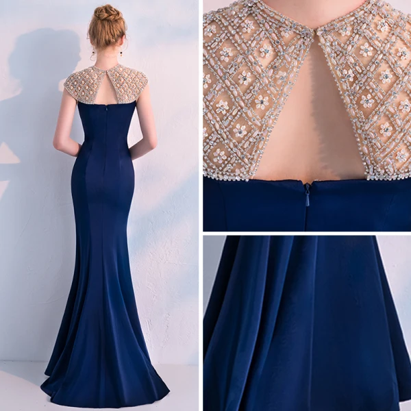 Élégant Bleu Marine Robe De Soirée 2019 Trompette / Sirène Encolure Dégagée Sans Manches Fait main Perlage Longue Volants Dos Nu Robe De Ceremonie