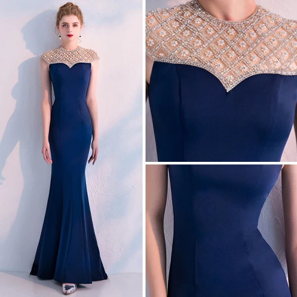 Élégant Bleu Marine Robe De Soirée 2019 Trompette / Sirène Encolure Dégagée Sans Manches Fait main Perlage Longue Volants Dos Nu Robe De Ceremonie