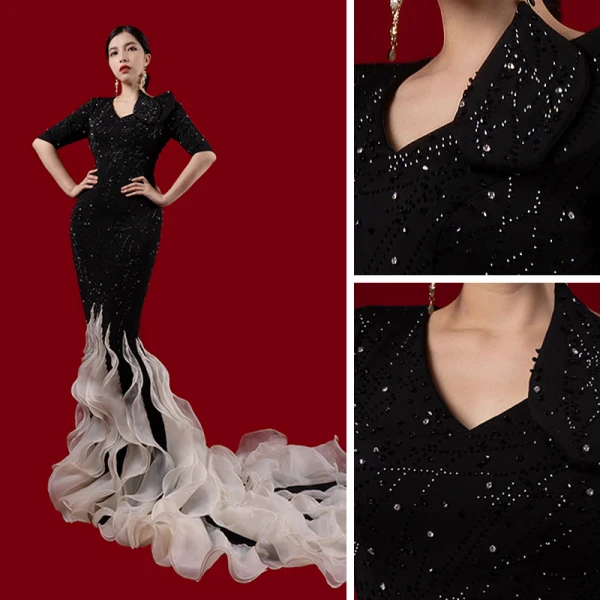 Luxury / Gorgeous Black Red Carpet Evening Dresses 2021 Trumpet / Mermaid V-Neck 1/2 Sleeves Beading Rhinestone Court Train Ruffle Formal Dresses