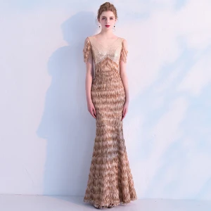 Élégant Champagne Paillettes Robe De Soirée 2019 Trompette Sirène V Cou Sans Manches Gland Polyester Longue Volants Dos Nu Robe De Ceremonie