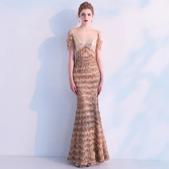 Elegante Champagne Pailletten Avondjurken 2019 Trompet Zeemeermin V Hals Mouwloos Kwast Polyester Lange Ruche Ruglooze Gelegenheid Jurken
