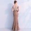 Élégant Champagne Paillettes Robe De Soirée 2019 Trompette / Sirène V-Cou Sans Manches Gland Polyester Longue Volants Dos Nu Robe De Ceremonie