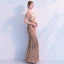 Élégant Champagne Paillettes Robe De Soirée 2019 Trompette / Sirène V-Cou Sans Manches Gland Polyester Longue Volants Dos Nu Robe De Ceremonie