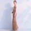 Élégant Champagne Paillettes Robe De Soirée 2019 Trompette / Sirène V-Cou Sans Manches Gland Polyester Longue Volants Dos Nu Robe De Ceremonie