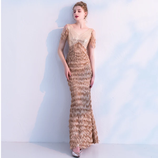 Élégant Champagne Paillettes Robe De Soirée 2019 Trompette / Sirène V-Cou Sans Manches Gland Polyester Longue Volants Dos Nu Robe De Ceremonie