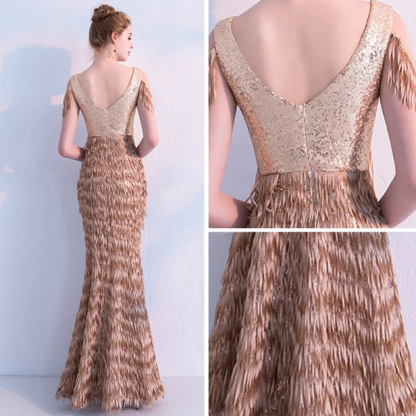 Élégant Champagne Paillettes Robe De Soirée 2019 Trompette / Sirène V-Cou Sans Manches Gland Polyester Longue Volants Dos Nu Robe De Ceremonie