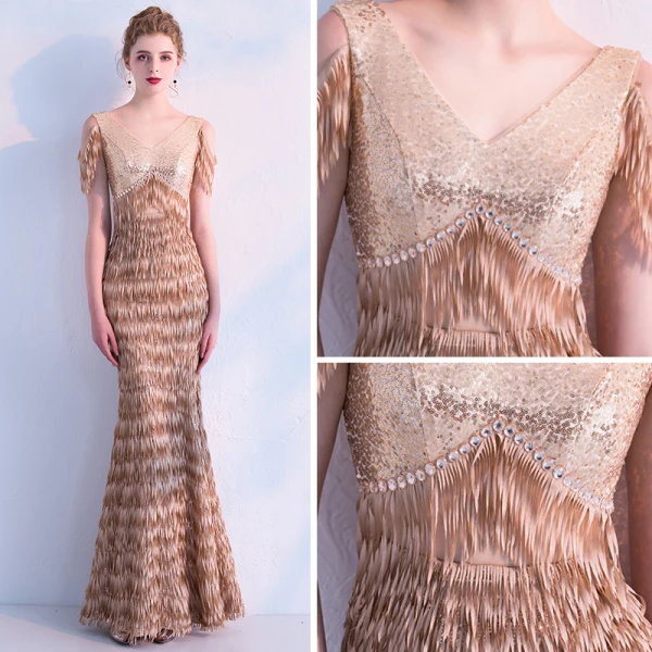 Élégant Champagne Paillettes Robe De Soirée 2019 Trompette / Sirène V-Cou Sans Manches Gland Polyester Longue Volants Dos Nu Robe De Ceremonie