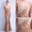 Élégant Champagne Paillettes Robe De Soirée 2019 Trompette / Sirène V-Cou Sans Manches Gland Polyester Longue Volants Dos Nu Robe De Ceremonie