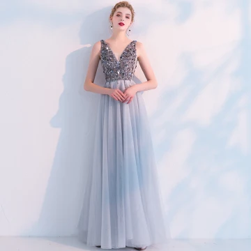 Sexy Gris Transparentes Robe De Soirée 2019 Princesse V Cou Sans Manches Paillettes Perle Perlage Fendue Devant Longue Volants Dos Nu Robe De Ceremonie