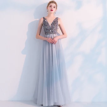 Sexy Gris Transparentes Robe De Soirée 2019 Princesse V Cou Sans Manches Paillettes Perle Perlage Fendue Devant Longue Volants Dos Nu Robe De Ceremonie