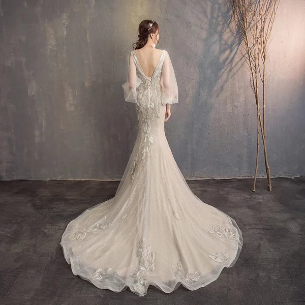 Bling Bling Champagne Wedding Dresses 2019 Trumpet / Mermaid V-Neck Puffy Long Sleeve Backless Appliques Lace Glitter Tulle Chapel Train Ruffle