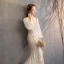 Bling Bling Champagne Wedding Dresses 2019 Trumpet / Mermaid V-Neck Puffy Long Sleeve Backless Appliques Lace Glitter Tulle Chapel Train Ruffle