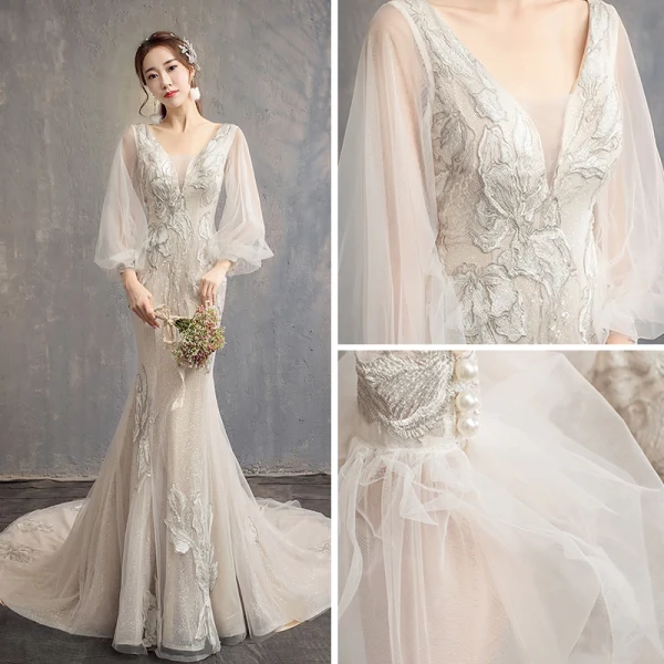 Bling Bling Champagne Wedding Dresses 2019 Trumpet / Mermaid V-Neck Puffy Long Sleeve Backless Appliques Lace Glitter Tulle Chapel Train Ruffle