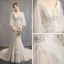 Bling Bling Champagne Wedding Dresses 2019 Trumpet / Mermaid V-Neck Puffy Long Sleeve Backless Appliques Lace Glitter Tulle Chapel Train Ruffle