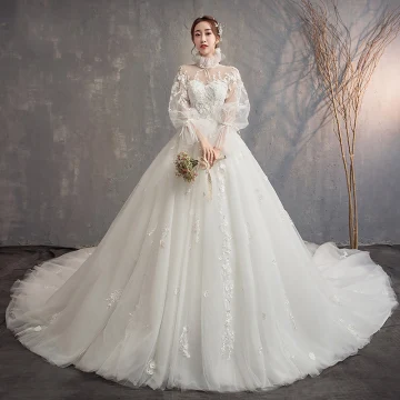 Vintage Retro Ivory See Through Wedding Dresses 2019 Ball Gown High Neck Puffy Long Sleeve Backless Appliques Lace Cathedral Train Ruffle