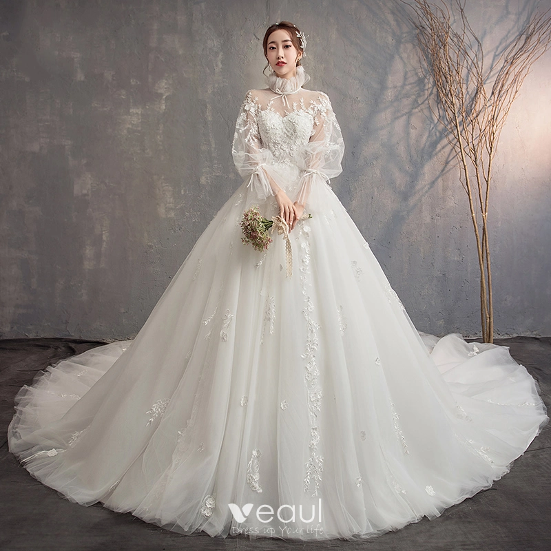 Vintage / Retro Ivory See-through Wedding Dresses 2019 Ball Gown High Neck Puffy Long Sleeve Backless Appliques Lace Cathedral Train Ruffle Vintage / Retro Ivory See-through Wedding Dresses 2019 Ball Gown High Neck Puffy Long Sleeve Backless Appliques Lace Cathedral Train Ruffle