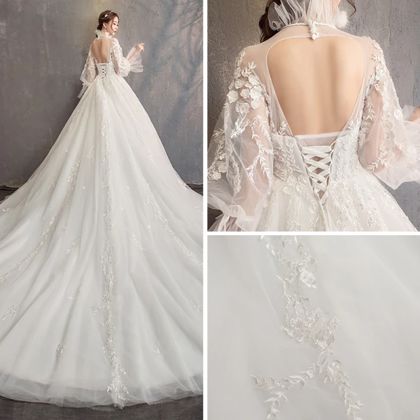 Vintage / Originale Ivoire Transparentes Robe De Mariée 2019 Robe Boule Col Haut Gonflée Manches Longues Dos Nu Appliques En Dentelle Cathedral Train Volants