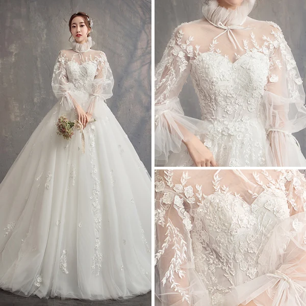 Vintage / Originale Ivoire Transparentes Robe De Mariée 2019 Robe Boule Col Haut Gonflée Manches Longues Dos Nu Appliques En Dentelle Cathedral Train Volants