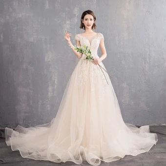 Elegant Champagne See Through Wedding Dresses 2019 A Line Princess Scoop Neck Cap Sleeves Backless Appliques Lace Beading Pearl Chapel Train Ruffle