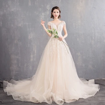 Élégant Champagne Transparentes Robe De Mariée 2019 Princesse Encolure Dégagée Mancherons Dos Nu Appliques En Dentelle Perlage Perle Chapel Train Volants