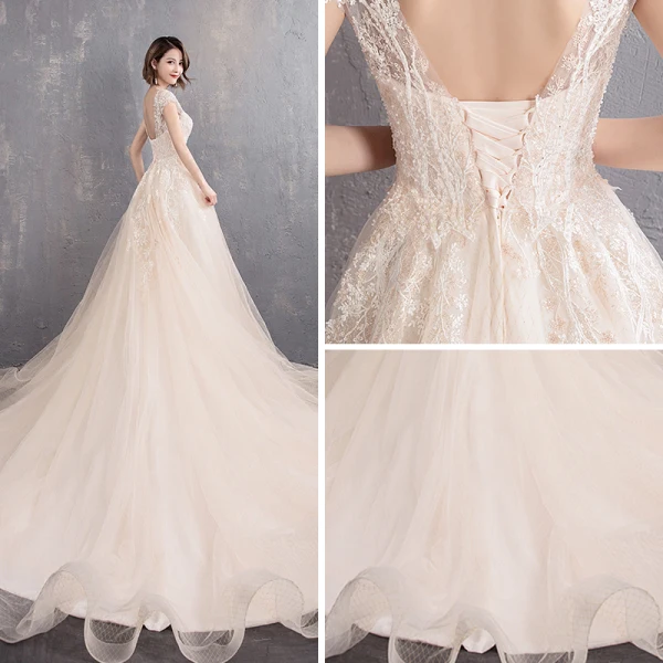 Élégant Champagne Transparentes Robe De Mariée 2019 Princesse Encolure Dégagée Mancherons Dos Nu Appliques En Dentelle Perlage Perle Chapel Train Volants