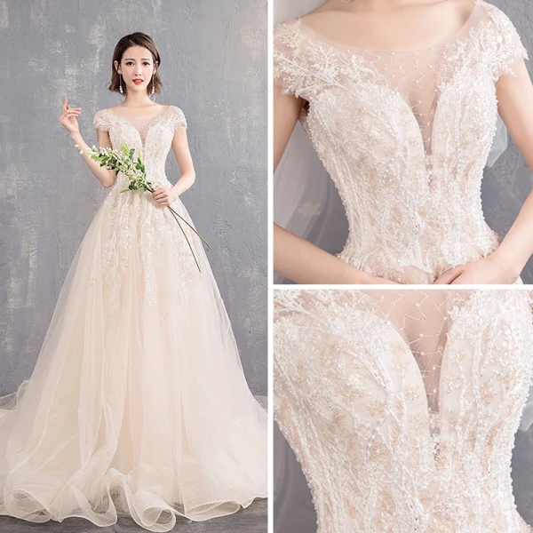 Élégant Champagne Transparentes Robe De Mariée 2019 Princesse Encolure Dégagée Mancherons Dos Nu Appliques En Dentelle Perlage Perle Chapel Train Volants