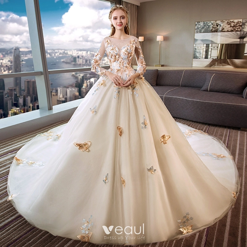 Romantic Ivory See-through Wedding Dresses 2019 Ball Gown Scoop Neck Long Sleeve Backless Butterfly Appliques Lace Cathedral Train Ruffle