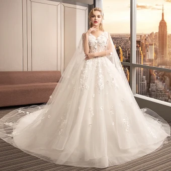 Charming Ivory See Through Wedding Dresses 2019 Ball Gown V Neck Sleeveless Backless Appliques Lace Flower Pearl Beading Watteau Train Ruffle