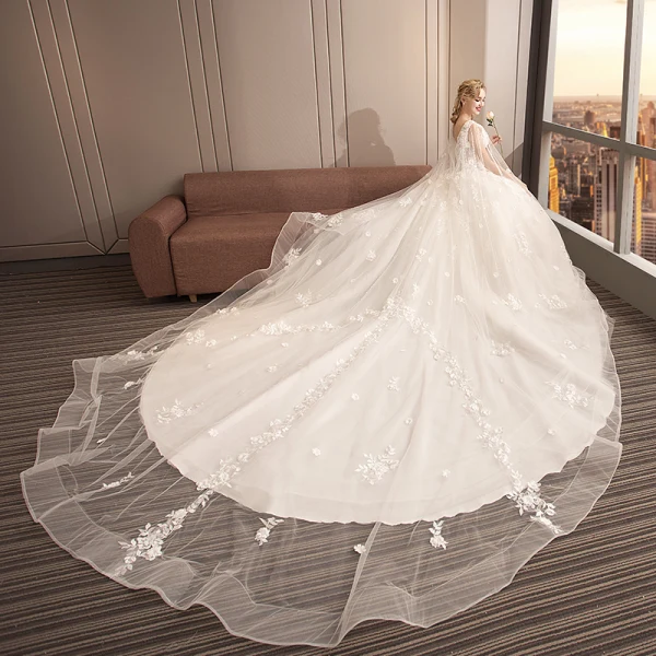 Charmant Ivoire Transparentes Robe De Mariée 2019 Robe Boule V-Cou Sans Manches Dos Nu Appliques En Dentelle Fleur Perle Perlage Watteau Train Volants